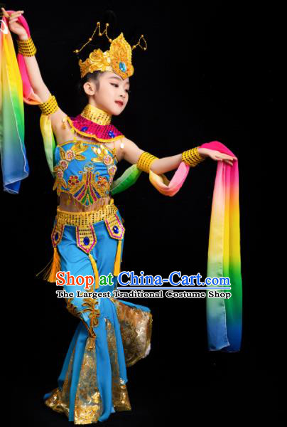 China Children Flying Apsaras Dance Blue Outfits Girl Performance Clothing Classical Dance Garment Costumes Fairy Dance Dress