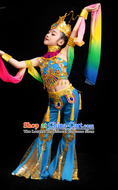 China Children Flying Apsaras Dance Blue Outfits Girl Performance Clothing Classical Dance Garment Costumes Fairy Dance Dress