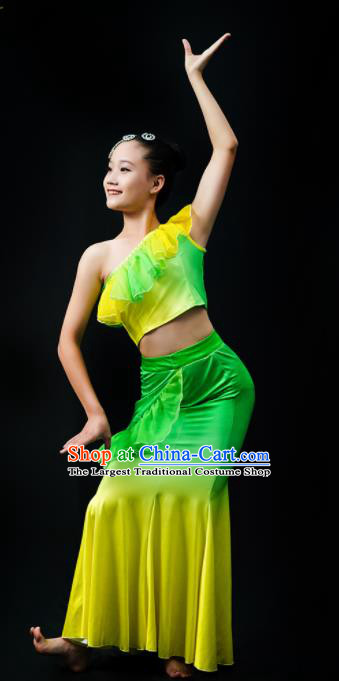 Chinese Dai Nationality Stage Performance Green Dress Outfits Tai Minority Peacock Dance Clothing Yunnan Ethnic Girl Dance Costumes