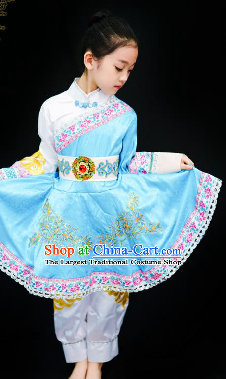 Chinese Ethnic Girl Dance Costumes Mongolian Nationality Stage Performance Blue Dress Outfits Mongol Minority Children Dance Clothing
