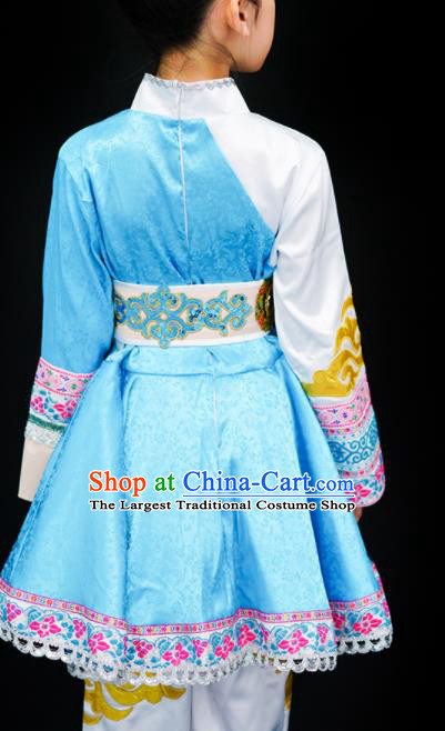 Chinese Ethnic Girl Dance Costumes Mongolian Nationality Stage Performance Blue Dress Outfits Mongol Minority Children Dance Clothing
