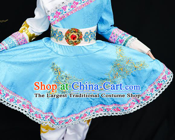 Chinese Ethnic Girl Dance Costumes Mongolian Nationality Stage Performance Blue Dress Outfits Mongol Minority Children Dance Clothing