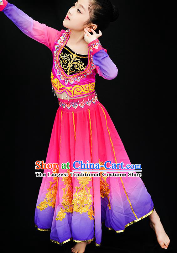 Chinese Uyghur Nationality Stage Performance Pink Dress Outfits Uighur Minority Children Dance Clothing Xinjiang Ethnic Girl Dance Costumes