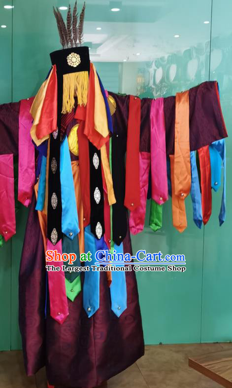 Chinese Ethnic Fiesta Ceremonial Clothing Traditional Shaman Wizard Purple Robe Mongol Minority Religious Rites Apparels and Hat