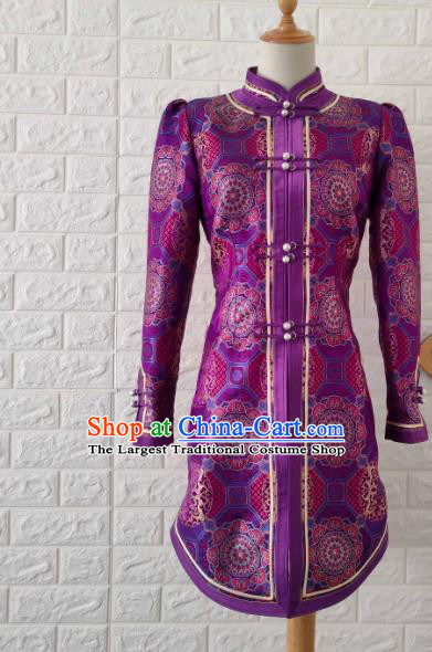 Chinese Mongol Nationality Purple Brocade Coat Ethnic Performance Jacket Mongolian Woman Outer Garment