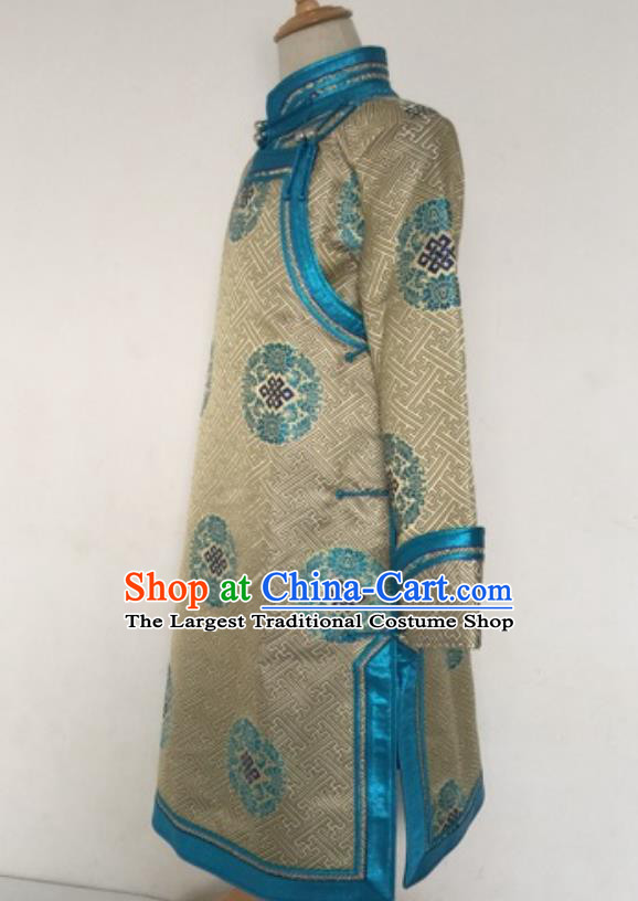 Chinese Mongol Nationality Boys Khaki Brocade Robe Ethnic Children Dance Clothing Mongolian Festival Performance Garment