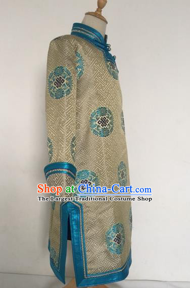 Chinese Mongol Nationality Boys Khaki Brocade Robe Ethnic Children Dance Clothing Mongolian Festival Performance Garment