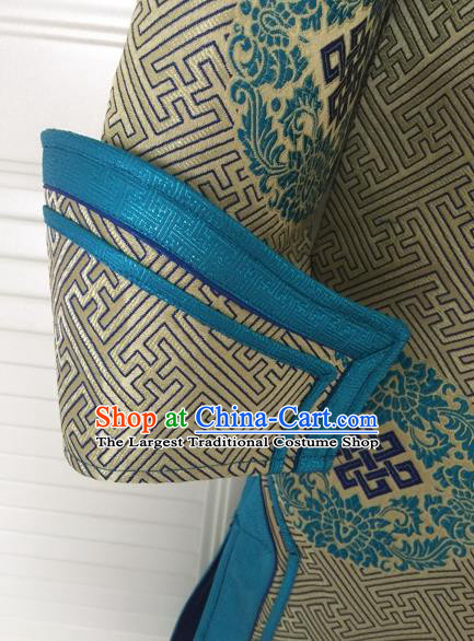 Chinese Mongol Nationality Boys Khaki Brocade Robe Ethnic Children Dance Clothing Mongolian Festival Performance Garment