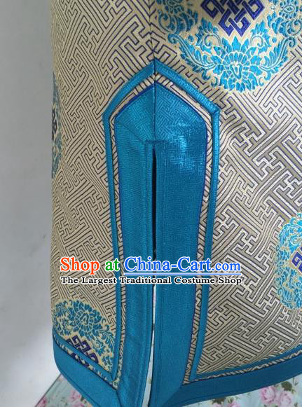Chinese Mongol Nationality Boys Khaki Brocade Robe Ethnic Children Dance Clothing Mongolian Festival Performance Garment