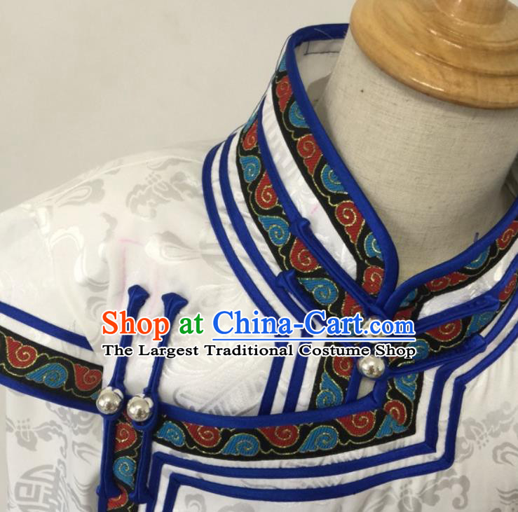 Chinese Mongolian Festival Performance Garment Mongol Nationality Boys White Brocade Robe Ethnic Children Dance Clothing