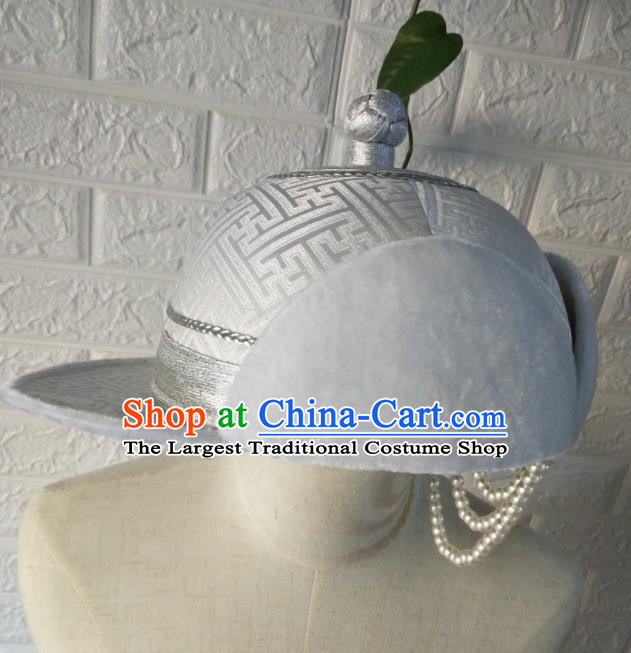 China Mongolian Nationality Hair Accessories Mongol Minority Boy Headdress Handmade Ethnic Children Winter White Brocade Hat