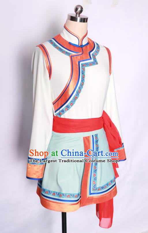 Chinese Ethnic Folk Dance Clothing Mongolian Stage Performance Garment Mongol Nationality White Dress Costume