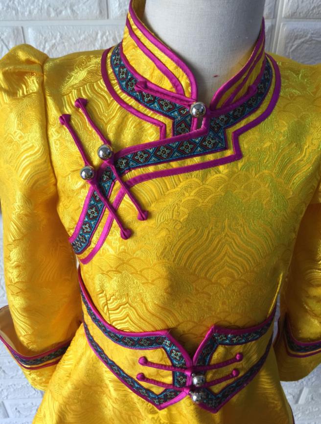Chinese Mongolian Festival Dress Garment Mongol Nationality Girl Yellow Brocade Robe Ethnic Children Clothing