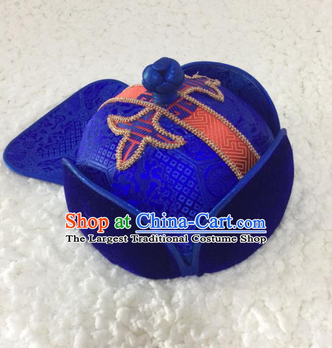 China Handmade Ethnic Children Winter Royalblue Brocade Hat Mongolian Nationality Headwear Mongol Minority Boy Headdress