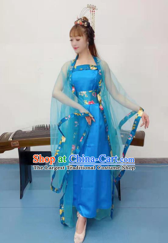 Chinese Tang Dynasty Imperial Consort Hanfu Dress Classical Dance Clothing Ancient Fairy Dance Blue Outfits Stage Performance Garment Costumes