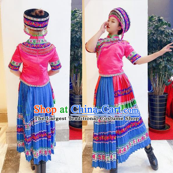 Chinese Xiangxi Ethnic Folk Dance Clothing Traditional Tujia Nationality Children Dress Outfits Yi Minority Girl Garment Costumes