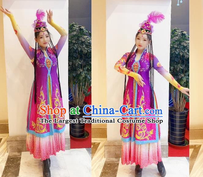 Chinese Traditional Uyghur Nationality Festival Purple Dress Outfits Uighur Minority Woman Garment Costumes Xinjiang Ethnic Folk Dance Clothing