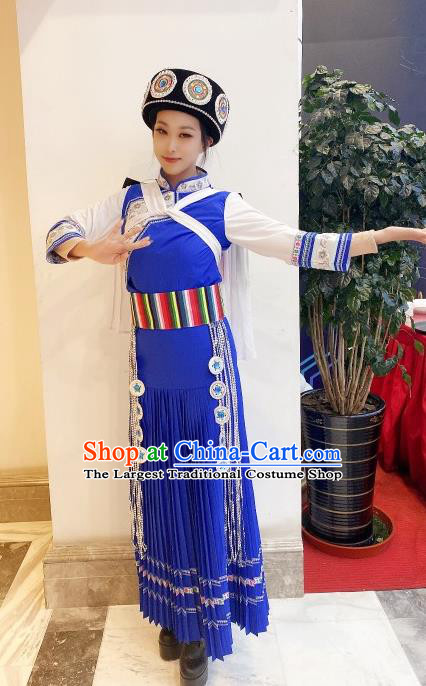 Chinese Yunnan Ethnic Folk Dance Clothing Traditional Naxi Nationality Festival Blue Dress Outfits Nakhi Minority Woman Garment Costumes