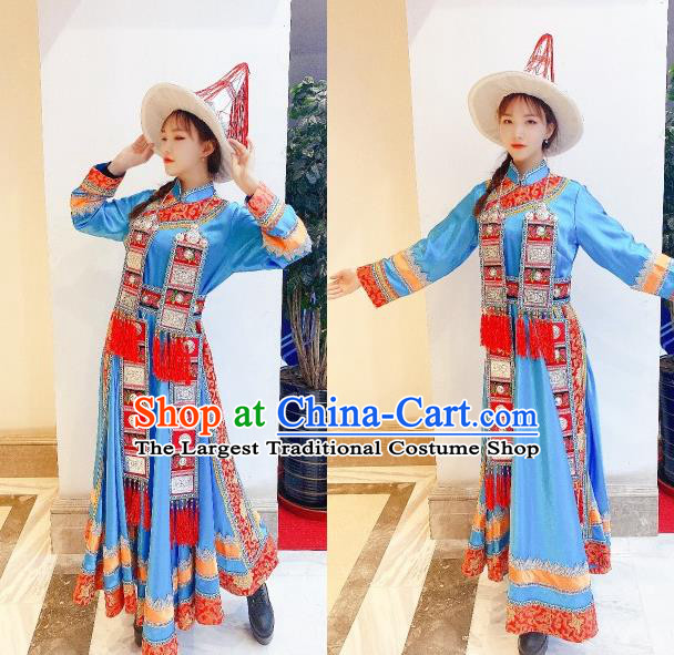 Chinese Traditional Yugu Nationality Woman Blue Dress Outfits Yugur Minority Garment Costumes Sunan Ethnic Folk Dance Clothing