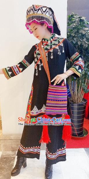 Chinese Guizhou Ethnic Folk Dance Clothing Traditional Bouyei Nationality Woman Black Dress Outfits Puyi Minority Garment Costumes