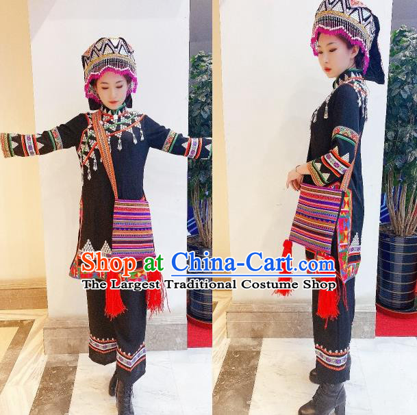 Chinese Guizhou Ethnic Folk Dance Clothing Traditional Bouyei Nationality Woman Black Dress Outfits Puyi Minority Garment Costumes