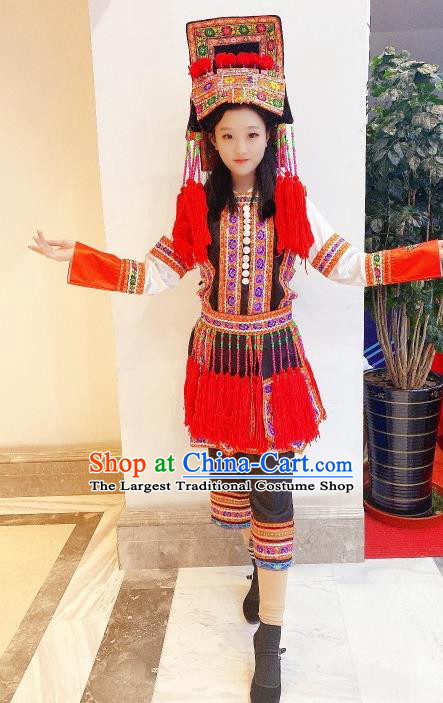 Chinese Lisor Minority Garment Costumes Yunnan Ethnic Folk Dance Clothing Traditional Lisu Nationality Woman Red Dress Outfits