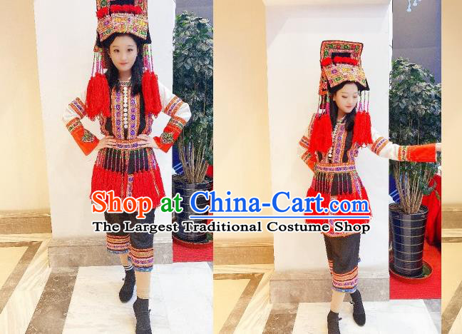 Chinese Lisor Minority Garment Costumes Yunnan Ethnic Folk Dance Clothing Traditional Lisu Nationality Woman Red Dress Outfits