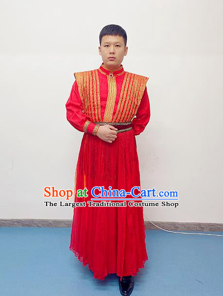 China Drum Dance Red Outfits Folk Dance Costume Spring Festival Gala Opening Dance Apparels Traditional Male Performance Clothing