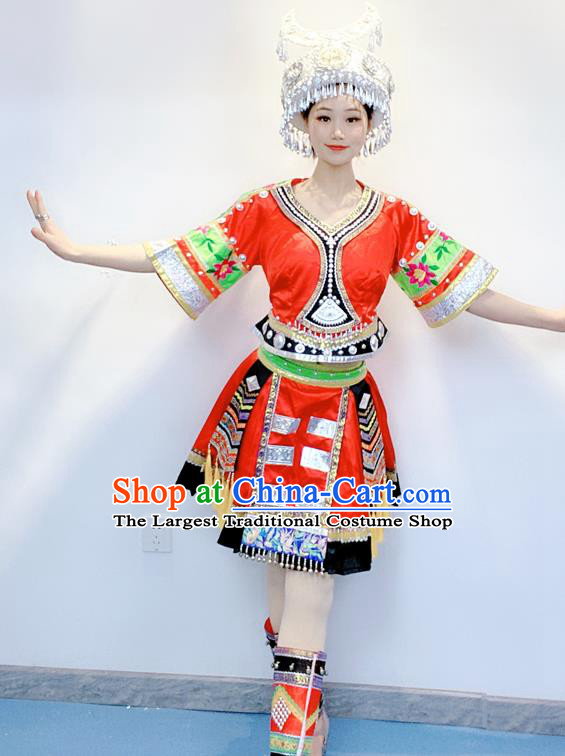 Chinese Miao Minority Festival Garment Costumes Xiangxi Ethnic Folk Dance Clothing Traditional Tujia Nationality Performance Red Dress Outfits