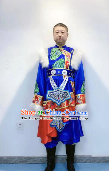 Chinese Traditional Zang Nationality Performance Royalblue Outfits Tibetan Minority Male Festival Garment Costumes Xizang Ethnic Folk Dance Clothing