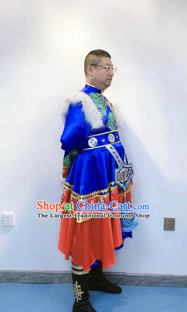 Chinese Traditional Zang Nationality Performance Royalblue Outfits Tibetan Minority Male Festival Garment Costumes Xizang Ethnic Folk Dance Clothing
