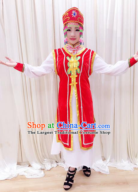 Chinese Traditional Mongolian Nationality Performance Red Dress Outfits Mongol Minority Female Garment Costumes Ethnic Folk Dance Clothing