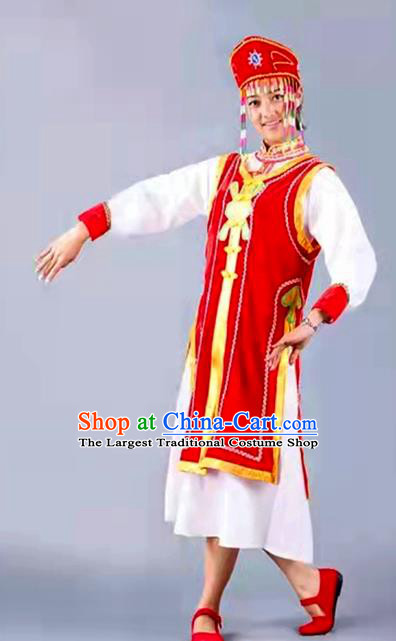 Chinese Traditional Mongolian Nationality Performance Red Dress Outfits Mongol Minority Female Garment Costumes Ethnic Folk Dance Clothing