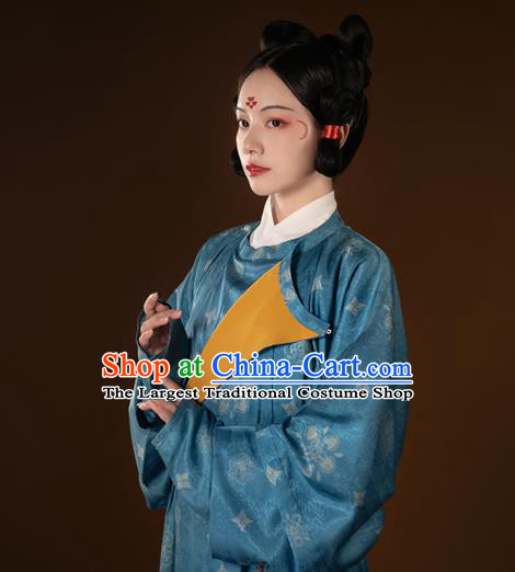 China Tang Dynasty Blue Round Collar Robe Ancient Hanfu Historical Clothing for Women for Men