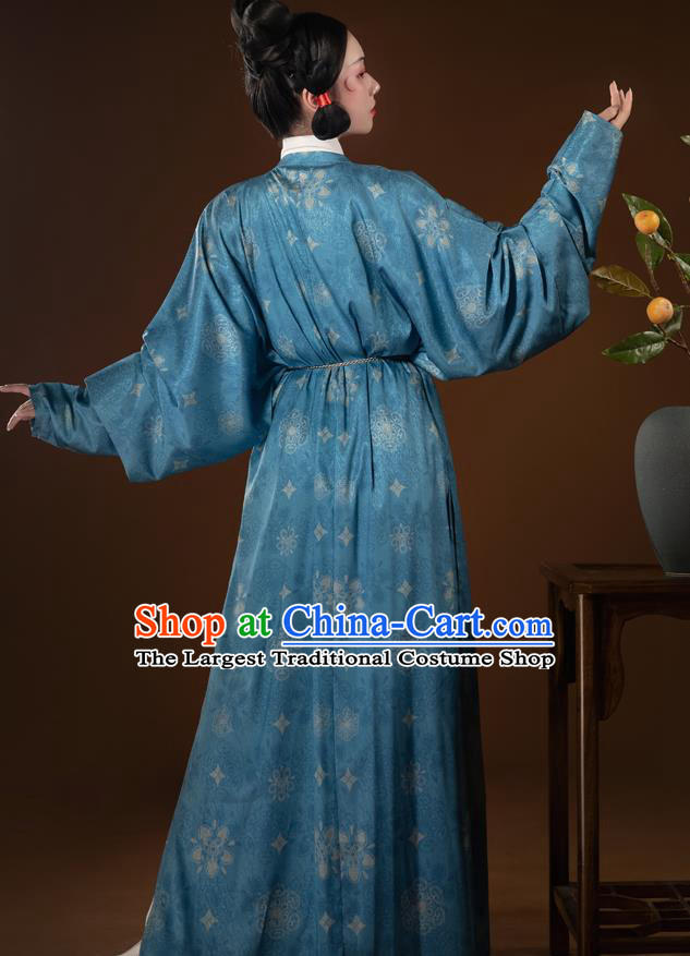 China Tang Dynasty Blue Round Collar Robe Ancient Hanfu Historical Clothing for Women for Men