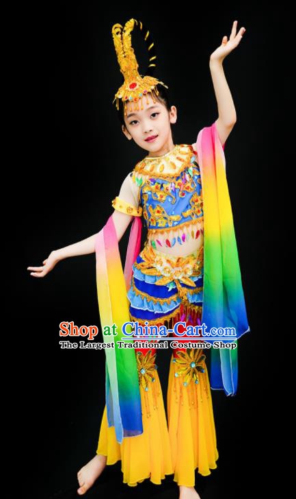 China Children Flying Apsaras Dance Yellow Outfits Girl Performance Clothing Classical Dance Garment Costumes Fairy Dance Dress