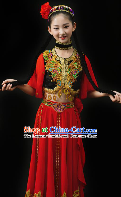 Chinese Xinjiang Ethnic Girl Dance Costumes Uyghur Nationality Stage Performance Red Dress Outfits Uighur Minority Children Dance Clothing