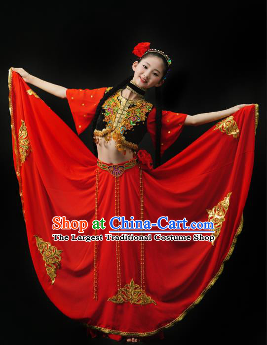 Chinese Xinjiang Ethnic Girl Dance Costumes Uyghur Nationality Stage Performance Red Dress Outfits Uighur Minority Children Dance Clothing