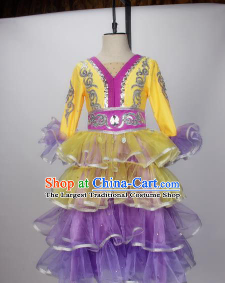 Chinese Xinjiang Ethnic Girl Dance Costumes Kazak Nationality Stage Performance Dress Outfits Kazakh Minority Children Dance Clothing