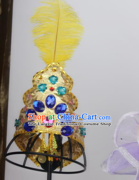 Chinese Traditional Children Performance Hair Accessories Kazakh Ethnic Girl Hair Crown Folk Dance Feather Hat