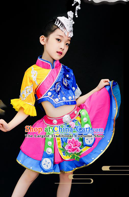 Chinese Miao Minority Children Dance Clothing Ethnic Girl Dance Costumes Xiangxi Hmong Nationality Stage Performance Dress Outfits