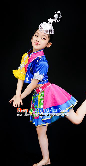 Chinese Miao Minority Children Dance Clothing Ethnic Girl Dance Costumes Xiangxi Hnong Nationality Stage Performance Dress Outfits