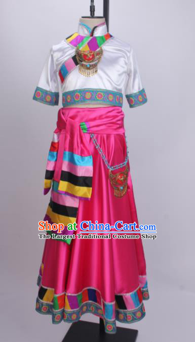 Chinese Ethnic Girl Dance Costumes Zang Nationality Stage Performance Rosy Dress Outfits Tibetan Minority Children Dance Clothing