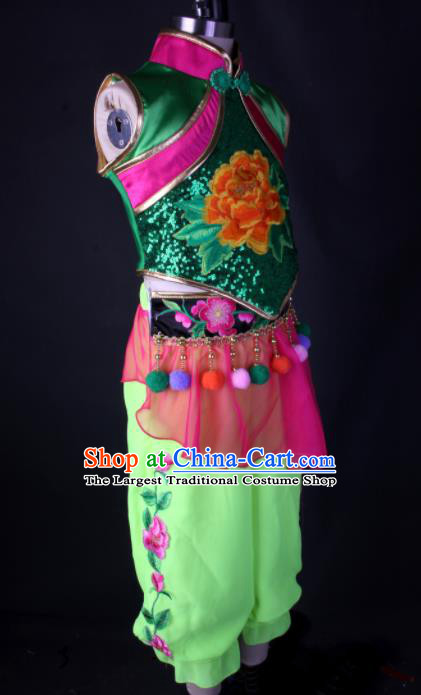 China Folk Dance Garment Costumes Fan Dance Dress Children Yangko Dance Green Outfits Girl Performance Clothing