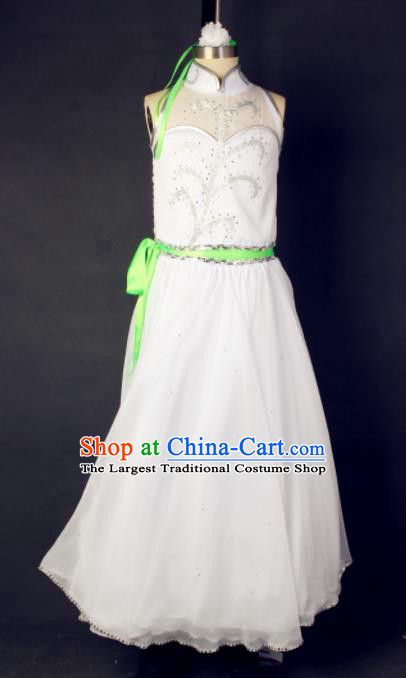 China Girl Performance Clothing Classical Dance Garment Costumes Umbrella Dance White Dress Children Jasmine Flower Dance Outfits