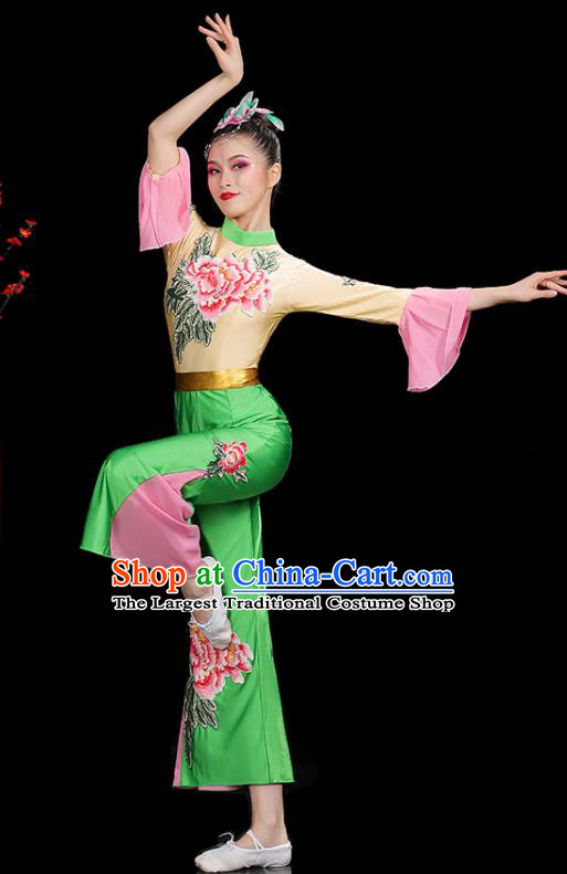 Professional China Fan Dance Clothing Folk Dance Printing Peony Green Outfits Women Group Dance Costumes Yangko Dance Garments