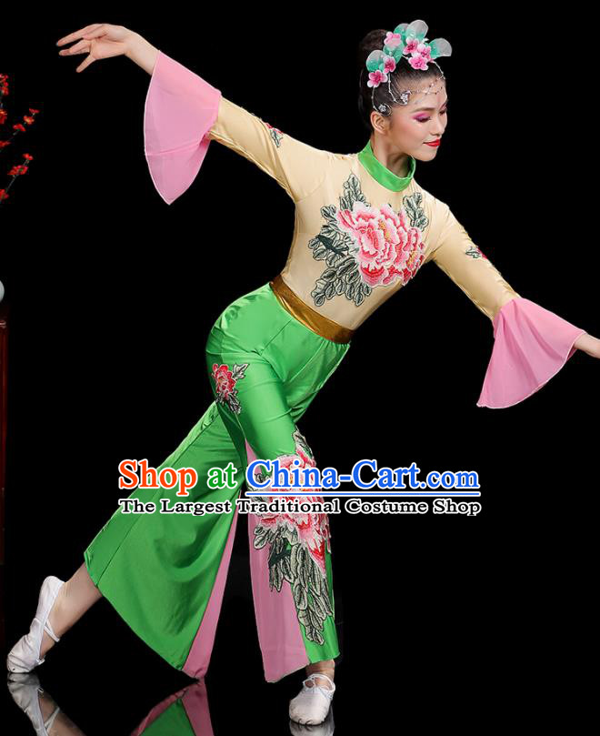 Professional China Fan Dance Clothing Folk Dance Printing Peony Green Outfits Women Group Dance Costumes Yangko Dance Garments