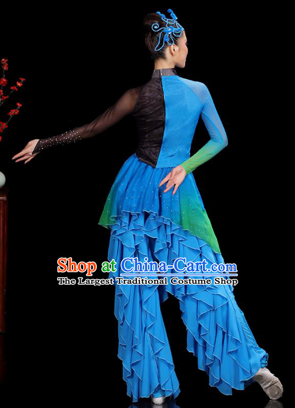 Professional China Women Group Dance Costumes Yangko Dance Garments Umbrella Dance Clothing Folk Dance Blue Outfits