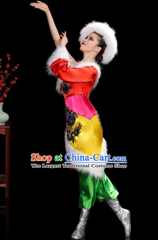 Chinese Zang Nationality Stage Performance One Shoulder Outfits Tibetan Minority Woman Dance Clothing Ethnic Folk Dance Costumes