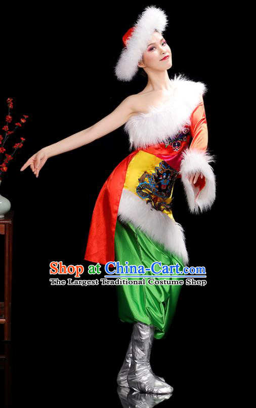 Chinese Zang Nationality Stage Performance One Shoulder Outfits Tibetan Minority Woman Dance Clothing Ethnic Folk Dance Costumes